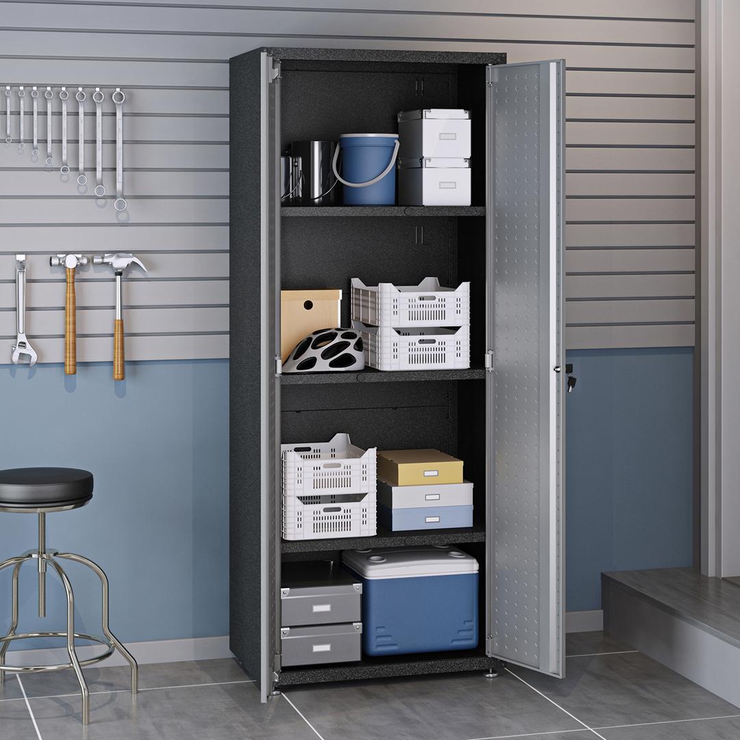 Manhattan Comfort Fortress Textured Metal 75.4" Garage Cabinet with 4 Adjustable Shelves In Grey