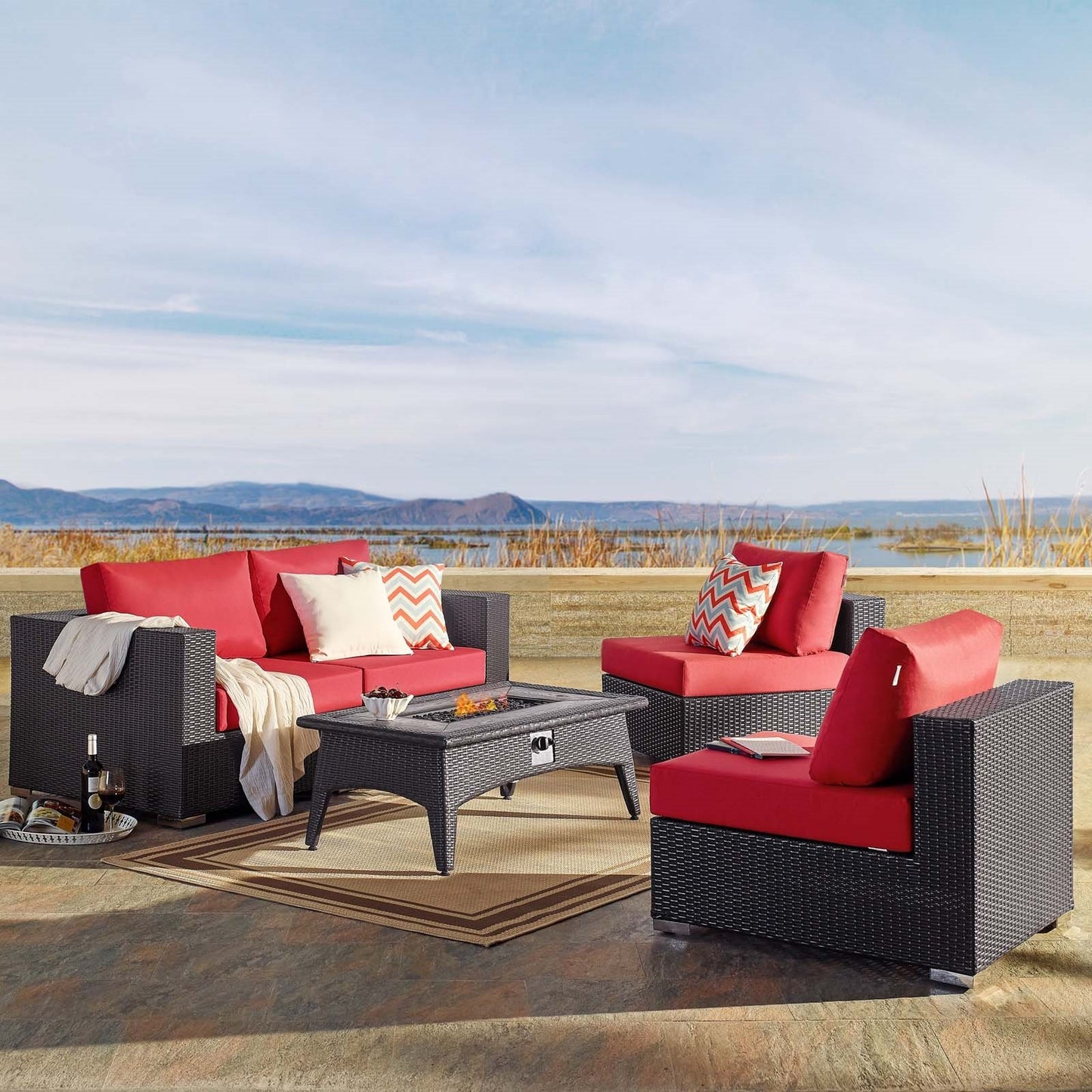 Modway Convene 5 Piece Set Outdoor Patio with Fire Pit