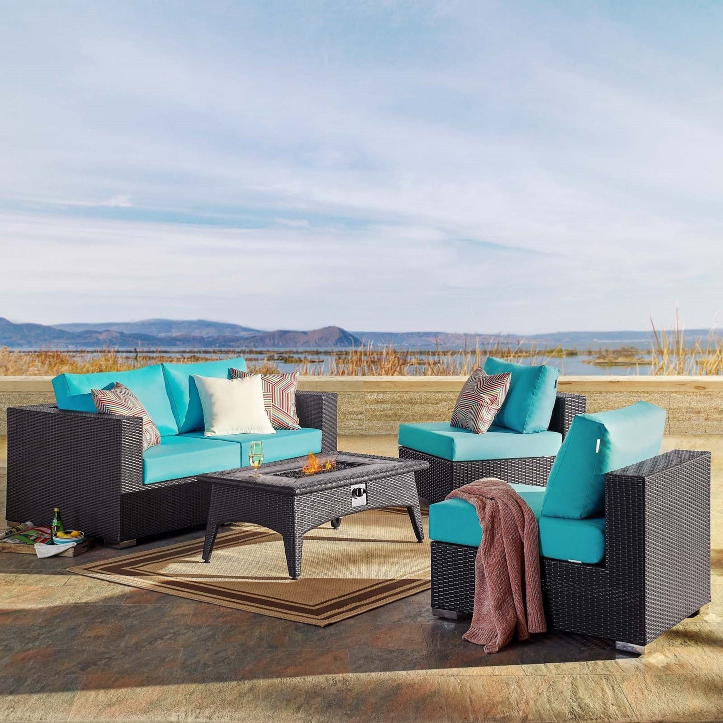 Modway Convene 5 Piece Set Outdoor Patio with Fire Pit