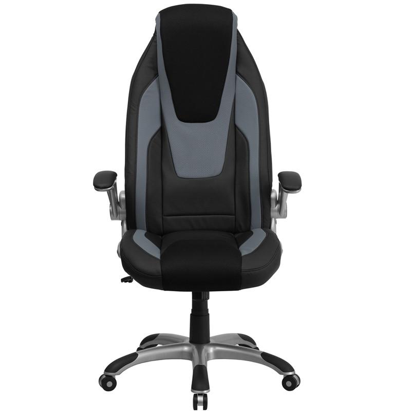 Flash Furniture High Back Black & Gray Vinyl Executive Swivel Office Chair With Black Mesh Insets And Flip-Up Arms