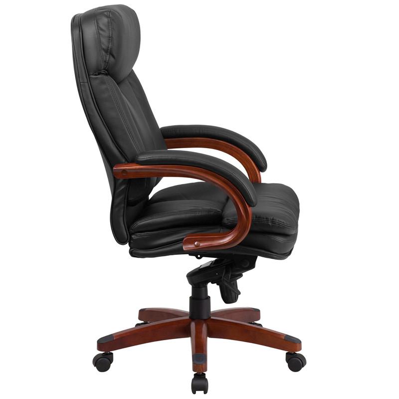 Flash Furniture High Back Black Leather Executive Swivel Office Chair With Synchro-Tilt Mechanism And Mahogany Wood Base