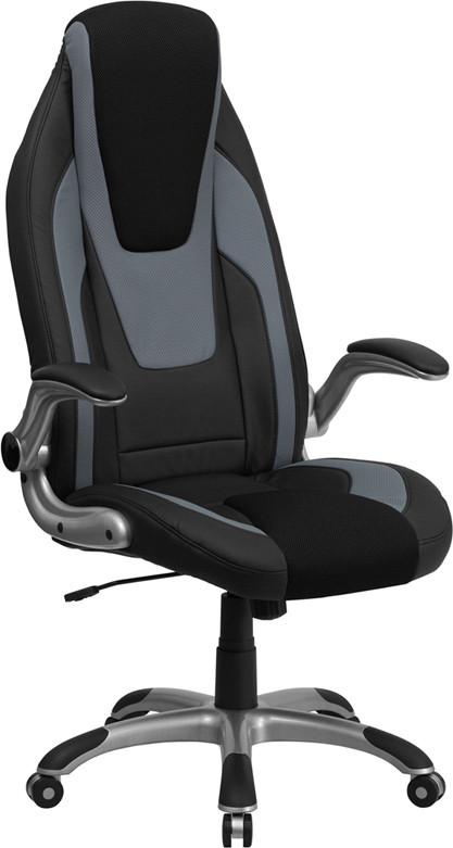 Flash Furniture High Back Black & Gray Vinyl Executive Swivel Office Chair With Black Mesh Insets And Flip-Up Arms